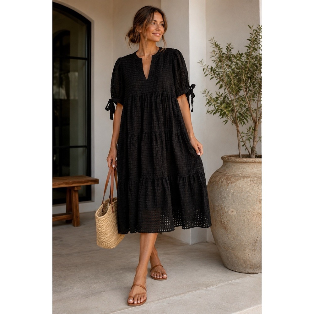 English Factory Black Tiered Midi Dress L Puff Sleeve Bow Tie Gingham Seersucker